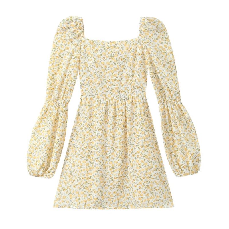 Sweet Printed Square Neck Autumn Short Dress