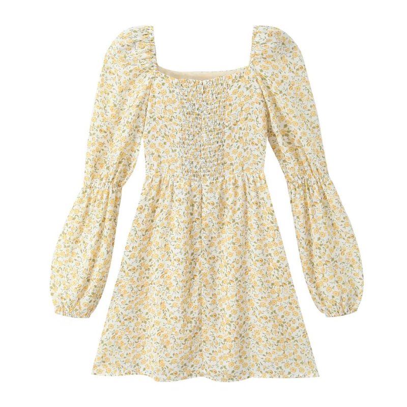 Sweet Printed Square Neck Autumn Short Dress - Image 2
