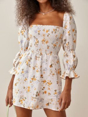 Summer French Pleated Puff Sleeve Midi Dress