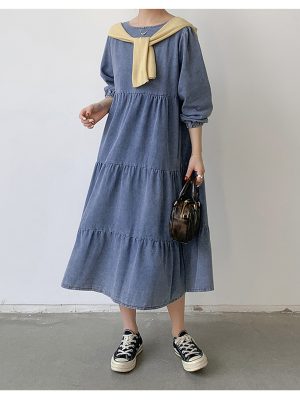 Trendy Below Knee Denim Shirt Dress Women