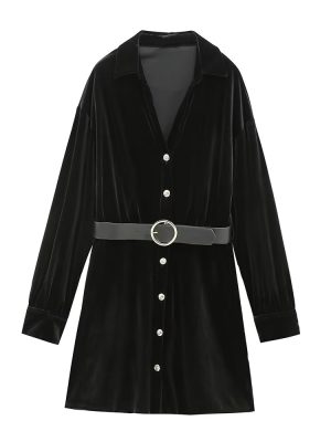 Winter Velvet Long Sleeve Shirt Dress Women
