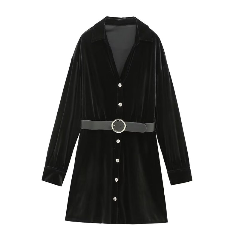 Winter Velvet Long Sleeve Shirt Dress Women
