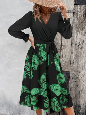 French V-Neck Printed A-Line Midi Dress