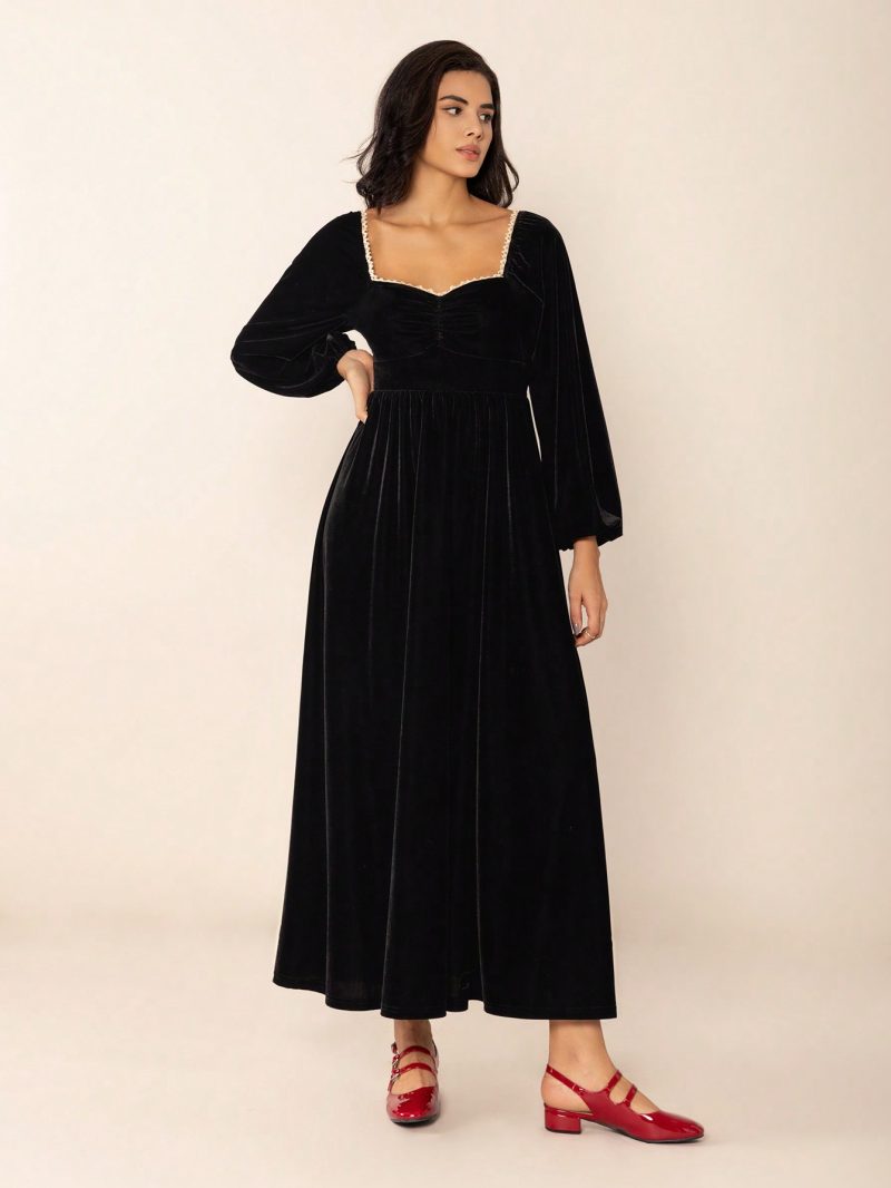 Black Boho Long Sleeve Dress for Women - Image 2