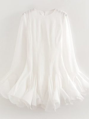 White Ruffled Tulle Long Sleeve Autumn Dress