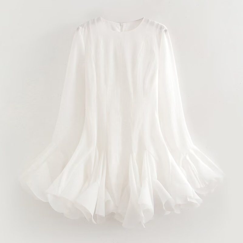 White Ruffled Tulle Long Sleeve Autumn Dress
