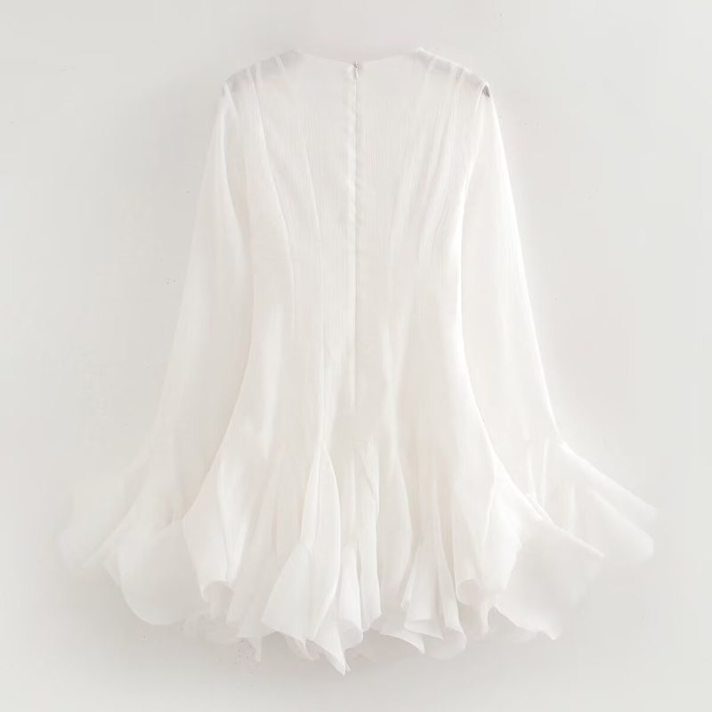 White Ruffled Tulle Long Sleeve Autumn Dress - Image 2
