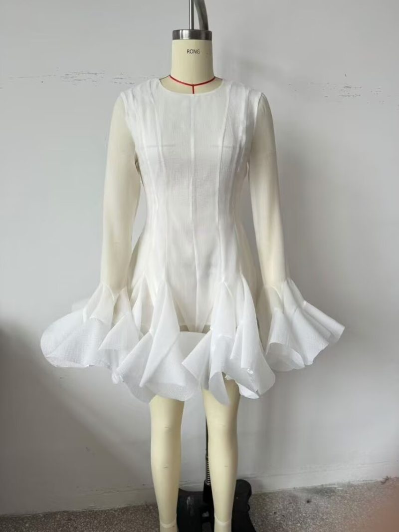 White Ruffled Tulle Long Sleeve Autumn Dress - Image 3
