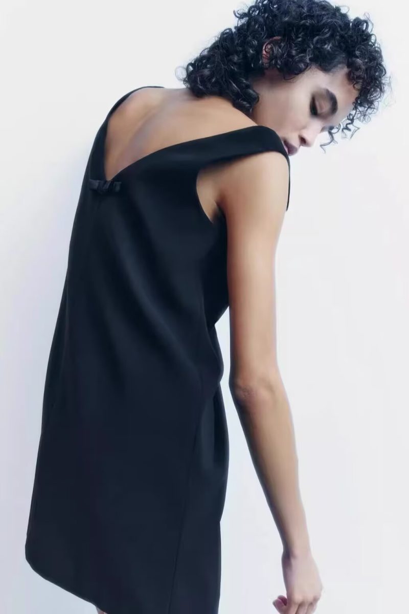 Winter Velvet V-Neck Bowknot Straight Dress - Image 2