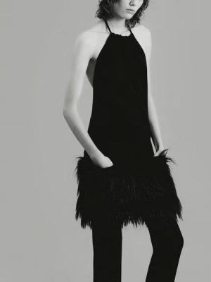 French Inspired Faux Fur Trim Midi Dress