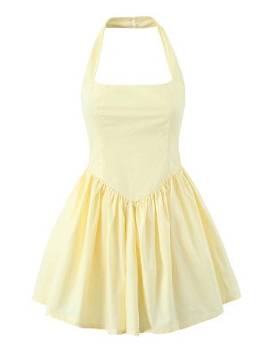 Halter Ruffle Puff Sleeve Solid Color Dress