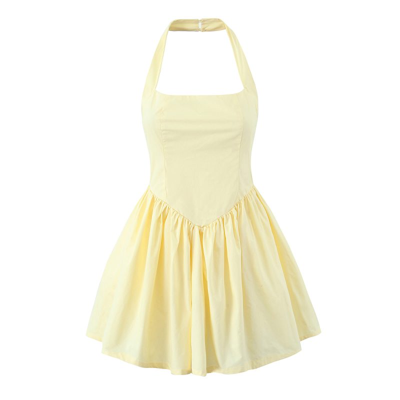 Halter Ruffle Puff Sleeve Solid Color Dress