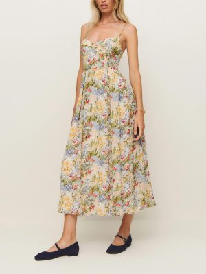Summer Floral Print Sling Pleated Dress Women