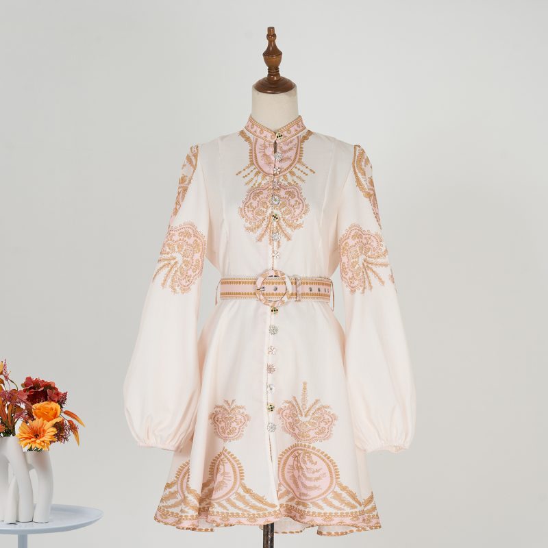 Stand Collar Printed Button Shirt Dress Women