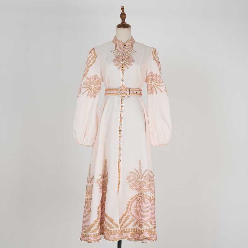 Women’s Stand Collar Printed Maxi Shirt Dress