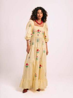 Embroidered Puff Sleeve Square Neck Maxi Dress