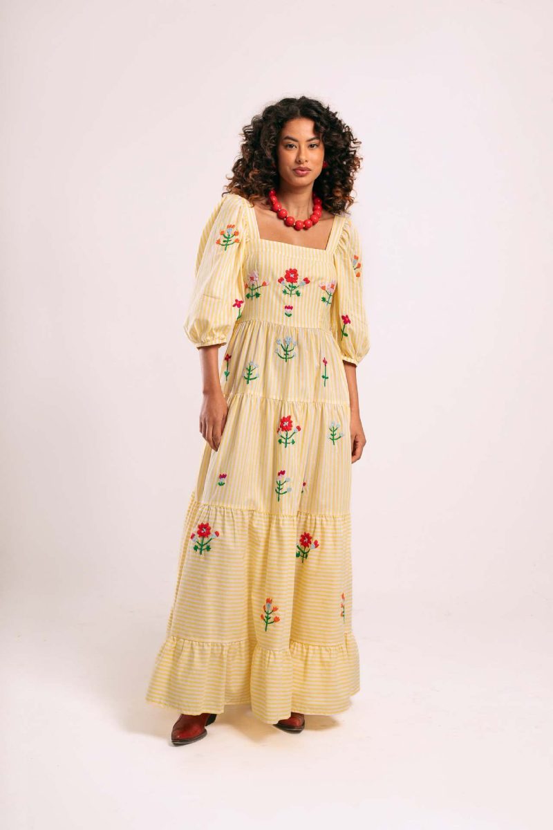 Embroidered Puff Sleeve Square Neck Maxi Dress