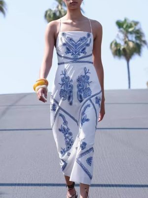 Breathable Printed Backless Midi Dress for Vacation