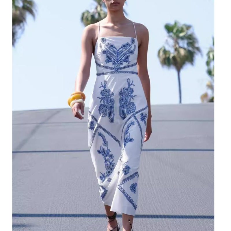 Breathable Printed Backless Midi Dress for Vacation