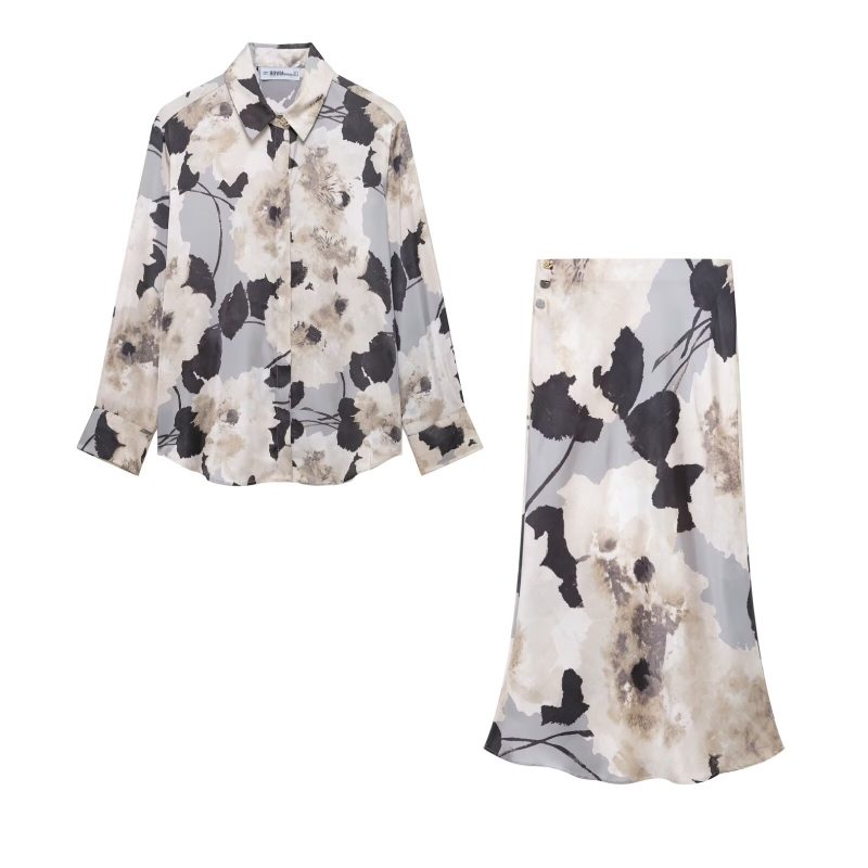Silk Satin Printed Shirt and Midi Set