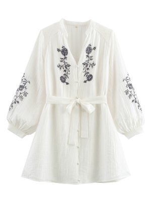 Embroidered Floral Belted V Neck Spring Dress