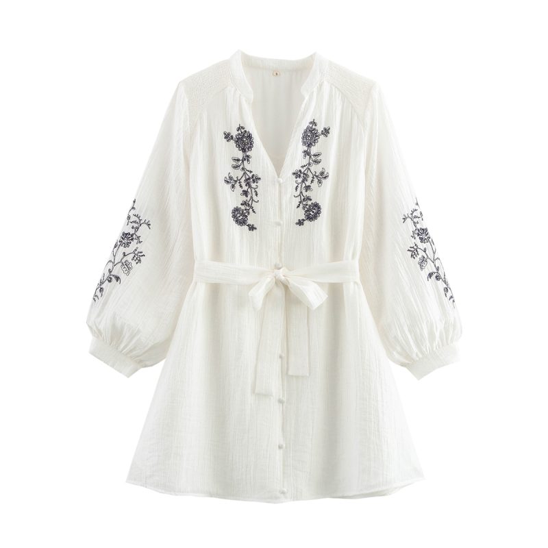 Embroidered Floral Belted V Neck Spring Dress