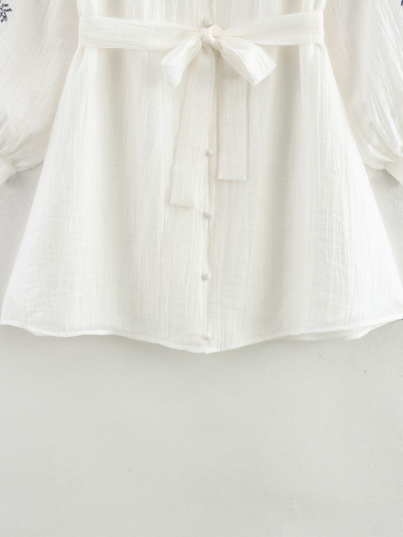 Embroidered Floral Belted V Neck Spring Dress - Image 4