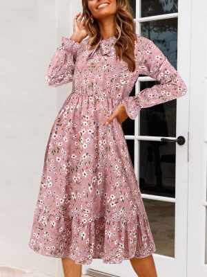 Floral Ruffle Waist Tight Horn Sleeve Dress