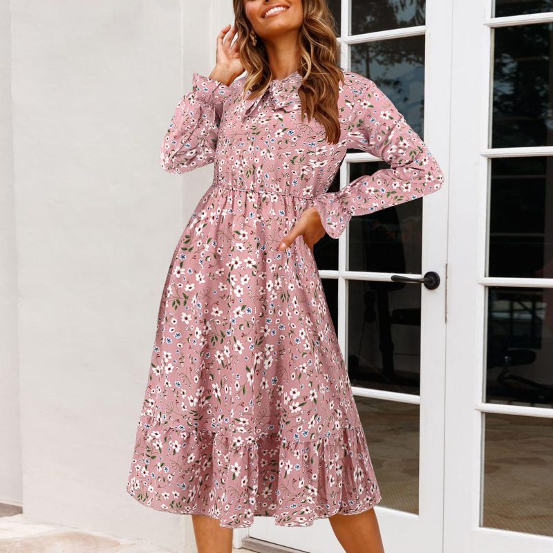 Floral Ruffle Waist Tight Horn Sleeve Dress