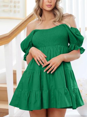 Ruffled Tiered Slim Fit Lantern Sleeve Dress