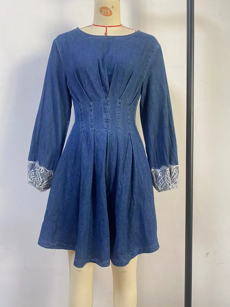 Elegant Waist-Tight Long Sleeve Denim Dress - Image 4