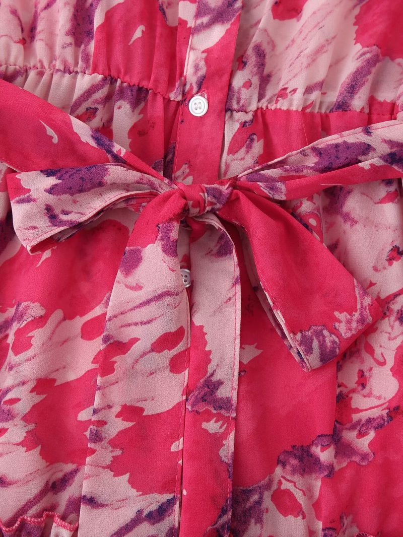 Elegant French Floral V-Neck Waist Dress - Image 4