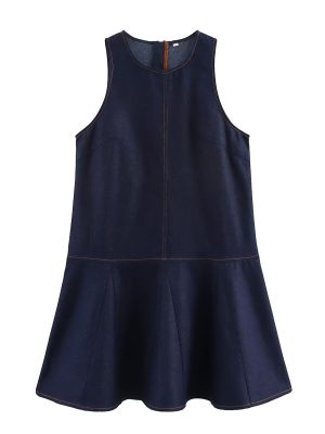 Spring Loose Fit Round Neck Denim Vest Dress