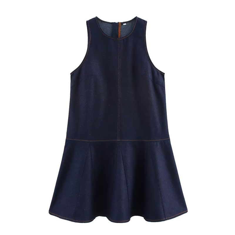 Spring Loose Fit Round Neck Denim Vest Dress