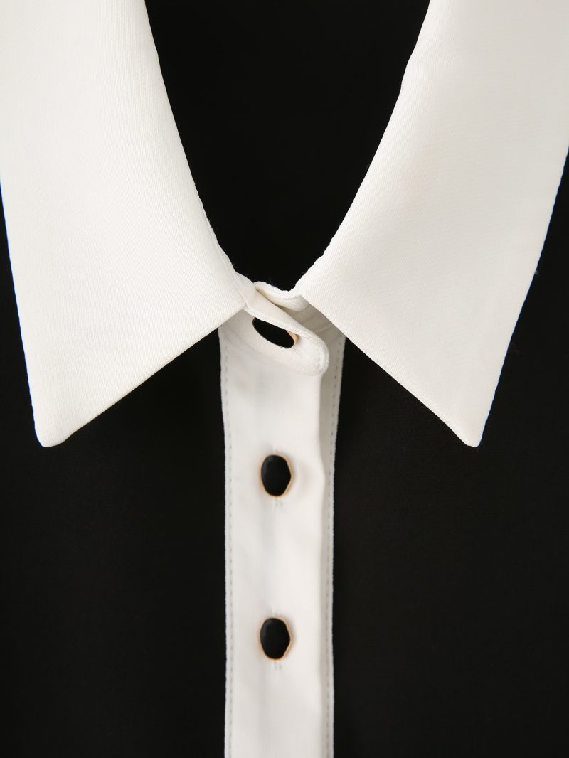 Black White Contrast Padded Shoulder Spring Dress - Image 3