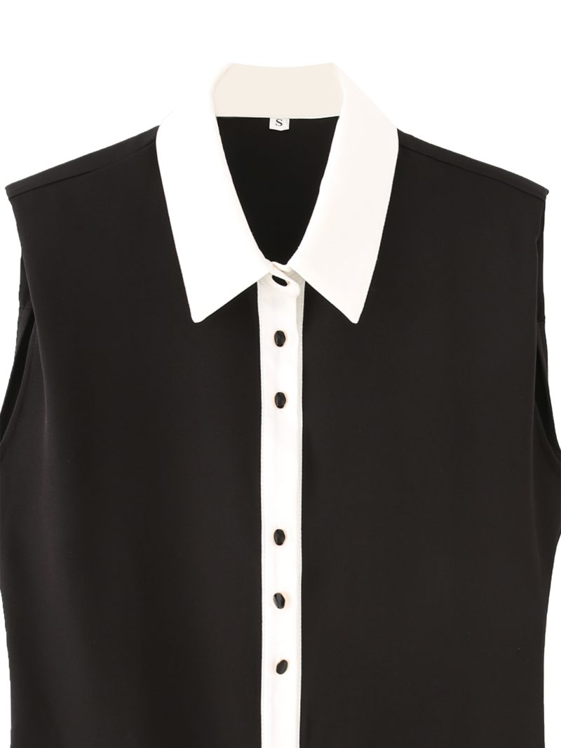 Black White Contrast Padded Shoulder Spring Dress - Image 2