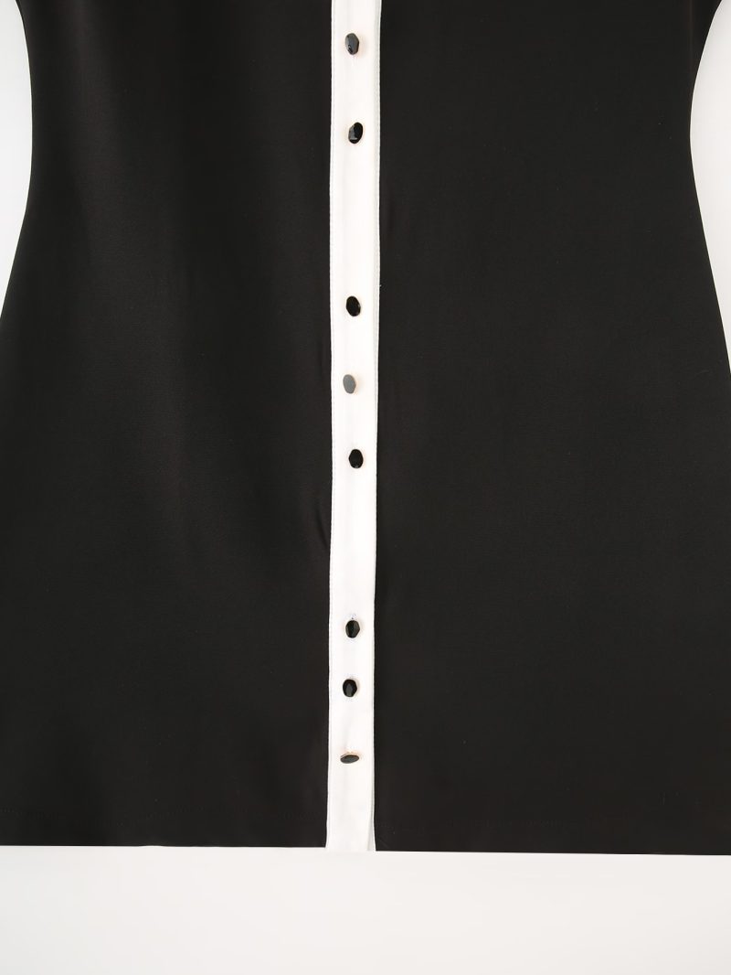 Black White Contrast Padded Shoulder Spring Dress - Image 4