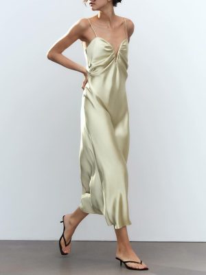 Spring Silk Satin Midi Dress with Heart Collar
