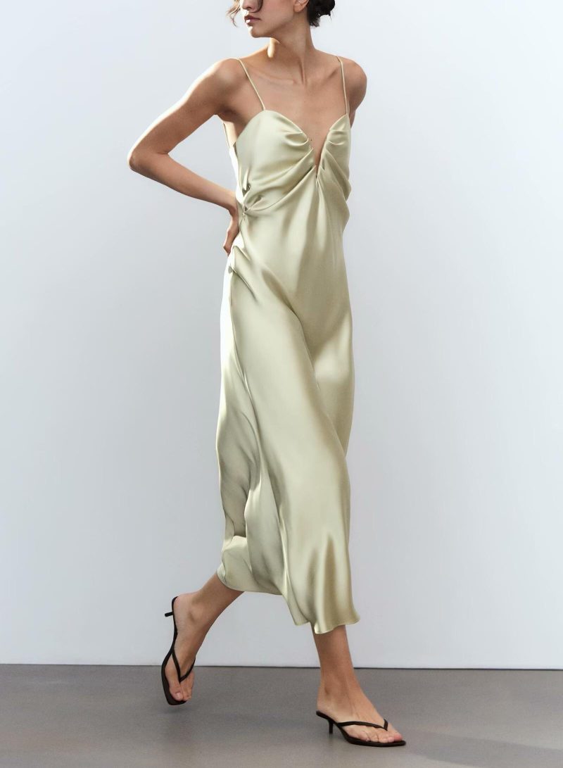 Spring Silk Satin Midi Dress with Heart Collar