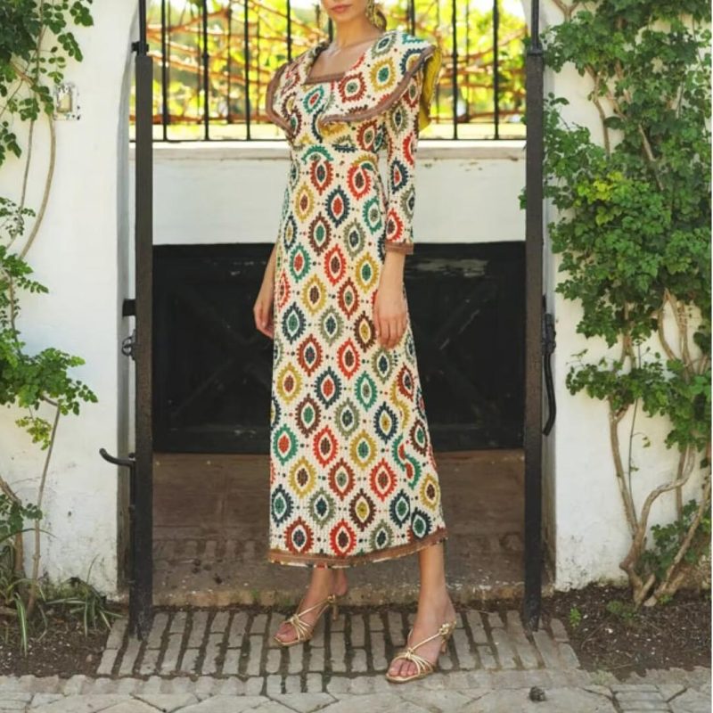 Spring Ethnic Print Ribbon Waist Women’s Dress