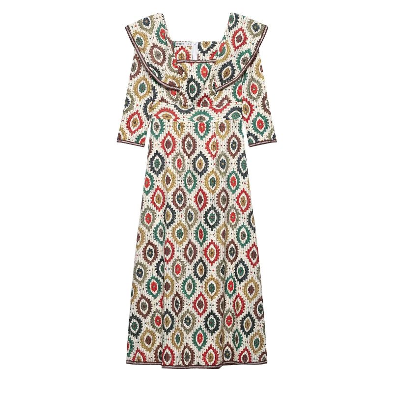 Spring Ethnic Print Ribbon Waist Women’s Dress - Image 2