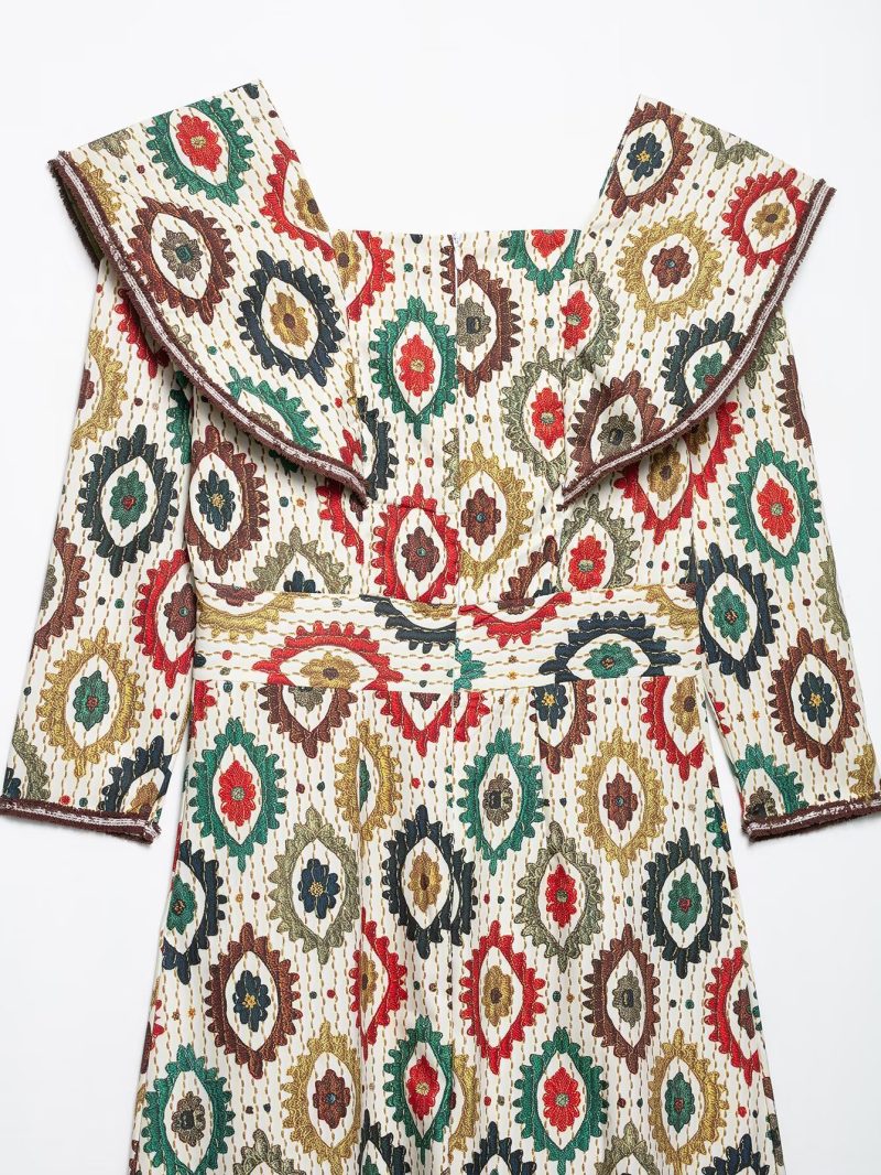 Spring Ethnic Print Ribbon Waist Women’s Dress - Image 4