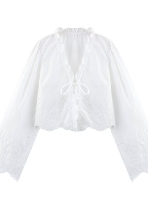 Spring Cutout Embroidered Cotton Blouse for Women