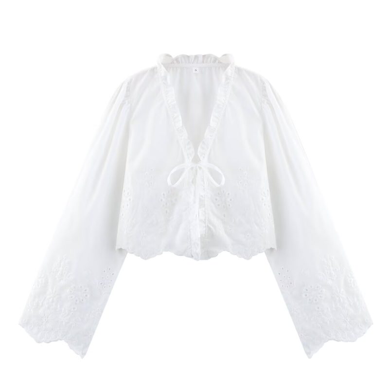 Spring Cutout Embroidered Cotton Blouse for Women