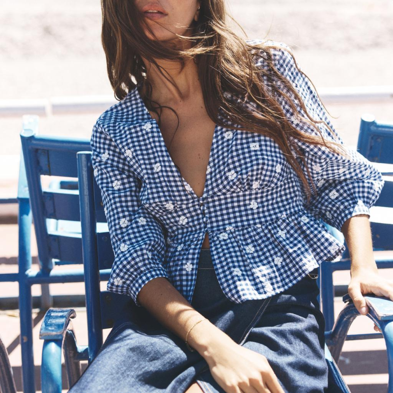 Fashionable Embroidered Plaid Top for Women