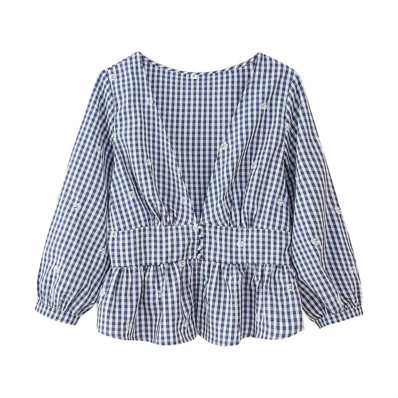 Fashionable Embroidered Plaid Top for Women - Image 2