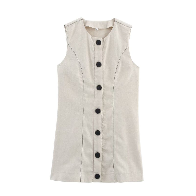 Summer Linen Blend Single Breasted Mini Dress - Image 2