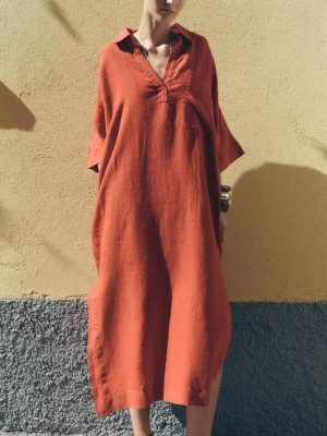 Women’s Solid Polo Collar Casual Shirt Dress
