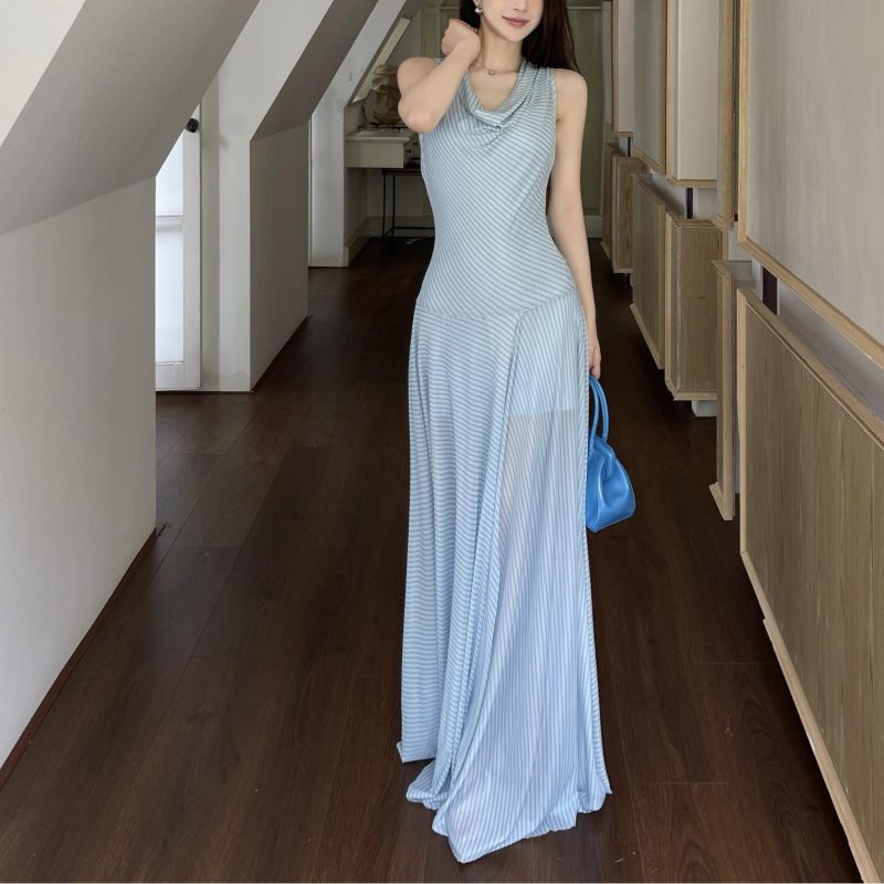 French Retro Striped Halter Dress with Waist Tie