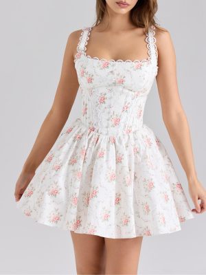 Sweet Rose Print Bow Lace Slip Dress